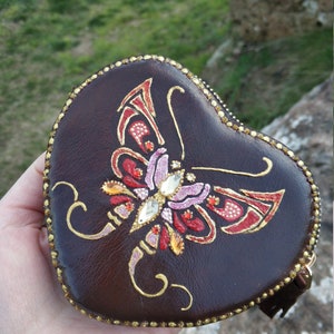 Mothers Day Gift For Her, Brown Leather Purse With Hand-Painted Red Butterfly, Coin Change Purse, Brown Leather Zip Purse With Butterflly image 5