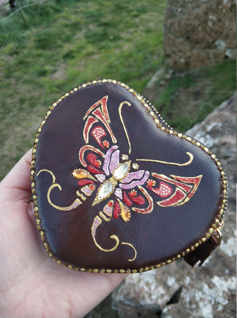 Mothers Day Gift For Her, Brown Leather Purse With Hand-Painted Red Butterfly, Coin Change Purse, Brown Leather Zip Purse With Butterflly image 5