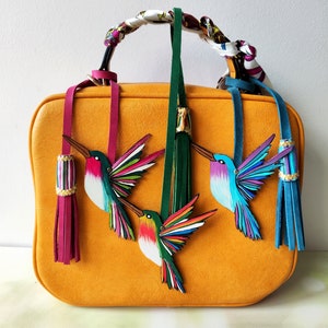 Zoemende vogel tasbedel, leren vogeltasbedel, handgemaakt Moederdagcadeau, zoemvogelliefhebber cadeau voor moeder of zus cadeau voor dierenliefhebber