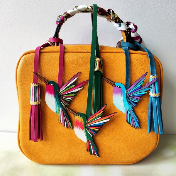 Handmade Leather Hummingbird Bag Charm: Colorful Bird Lover Gift