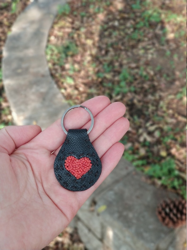 Hand-Beaded Heart Leather Keychain Charm or Keychain Gift for Girlfriend Wife 40th Anniversary Present Hearts for Her Unique Leather Gifts image 5