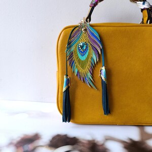 Hand Painted Leather Peacock Feather Charm: Turquoise Purse Keychain image 2