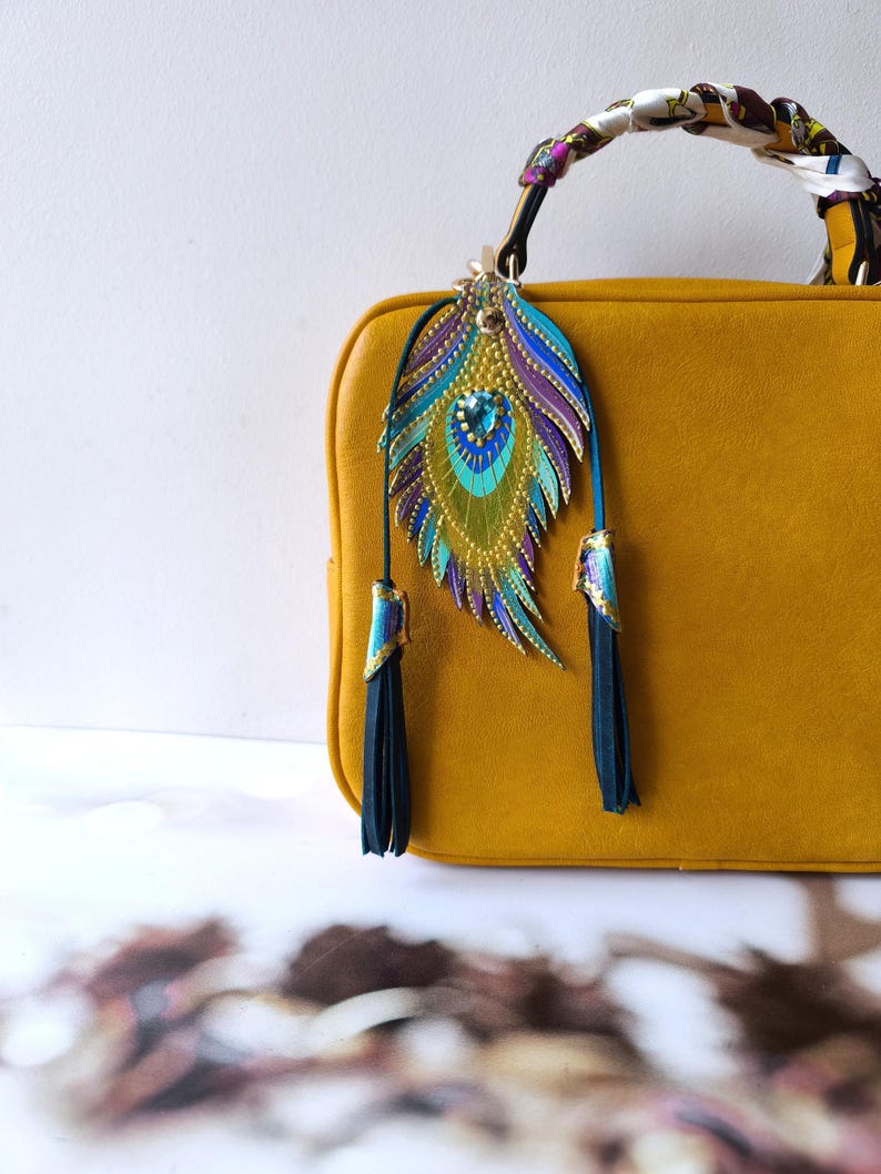 Hand Painted Leather Peacock Feather Charm: Turquoise Purse Keychain image 2