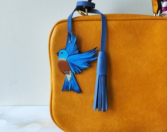 Leather Blue Bird Bag Charm, Eastern Bluebird Handbag Charm, Leather Purse Charm Friend Gift, Bird Lover Gift, Chtistmas Gift  For Daughter
