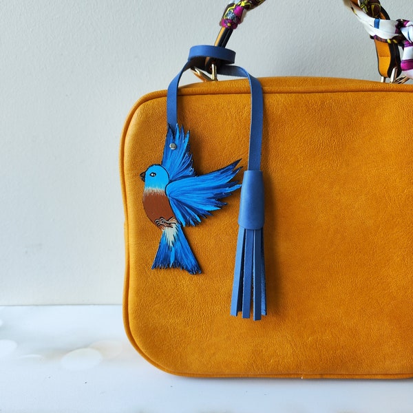 Leather Blue Bird Bag Charm, Eastern Bluebird Handbag Charm, Leather Purse Charm Friend Gift, Bird Lover Gift, Chtistmas Gift  For Daughter