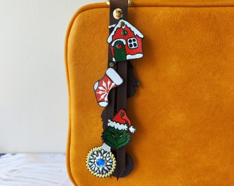 Handmade Christmas Leather Bag Charm: Holiday Purse Accessory