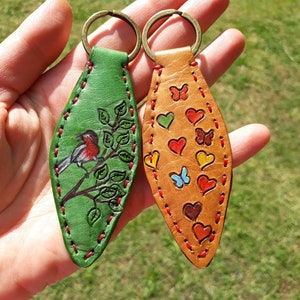 Leather Keychein Leather Key Fob Bird Key Chain Cute Accessory Hearts and Butterfly Key Keychain Leather Gift Leather Keychain for Women