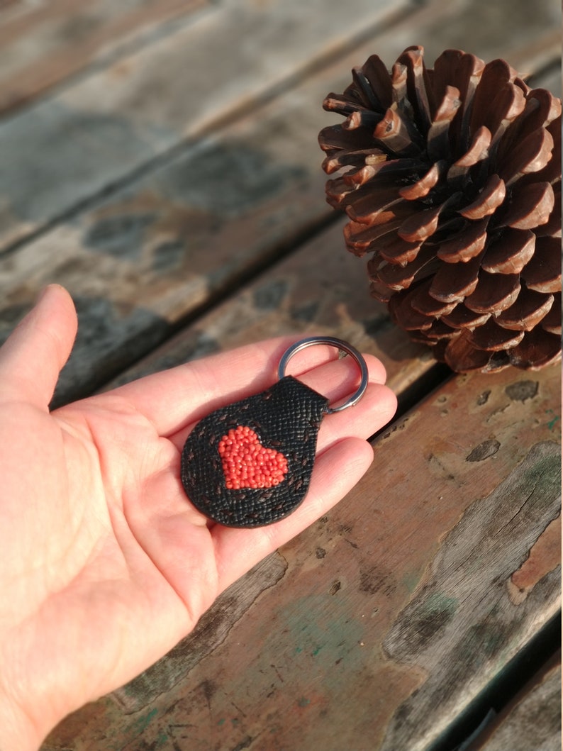 Hand-Beaded Heart Leather Keychain Charm or Keychain Gift for Girlfriend Wife 40th Anniversary Present Hearts for Her Unique Leather Gifts image 7
