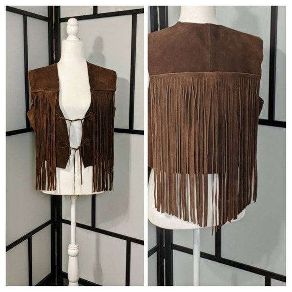 Vintage Brown Suede Leather Fringe Vest Brown Sued