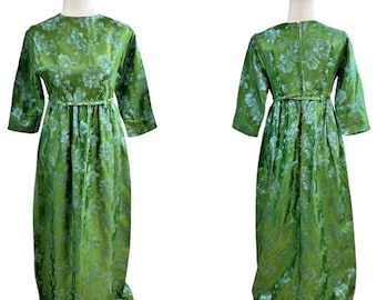 Vintage Silk Full Length Floral Print Belted Empire Waist Regency Evening Ball Gown Jacquard Brocade Dress