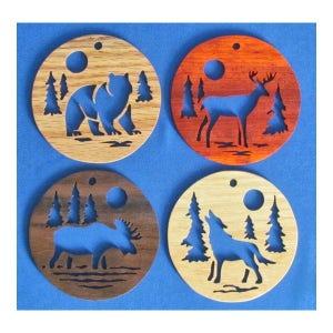 Call Of The Wild - 4 Ornament Set - Bear, Deer, Moose & Wolf - Hand Cut From Oak, Padauk, Walnut And Ash