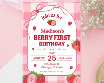 Strawberry Berry First Birthday Invitation Template, Pink Gingham Girl Invite (Digital Download)
