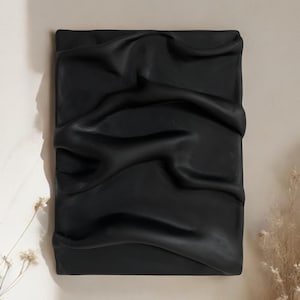 Matte Black Plaster Wall Art | 3D Draped Fabric Effect | Textured Home Decor | Minimalist Clay On Canvas
