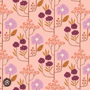May include: A repeating floral pattern featuring stylized flowers in shades of purple, peach, and burgundy on a light pink background. The design includes various flower types, leaves, and berries, creating a cohesive and decorative botanical theme.