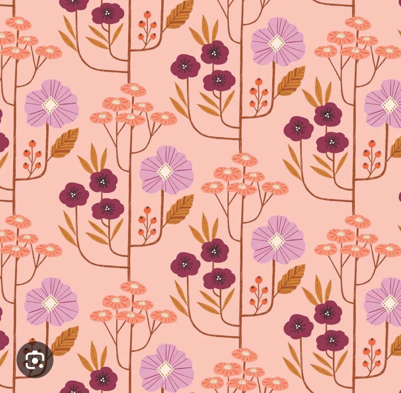 May include: A repeating floral pattern featuring stylized flowers in shades of purple, peach, and burgundy on a light pink background. The design includes various flower types, leaves, and berries, creating a cohesive and decorative botanical theme.