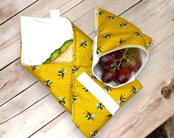 cotton sandwich bag with velcro closure, reusable snack bag and sandwich wrap set, washable waterproof snack bag, bee gift for mothers day