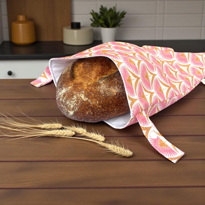 Reusable Bread Bag, sourdough bread bag, homemade bread storage bag, eco living adjustable bag for bread, pretty floral roll top bread bag image 6