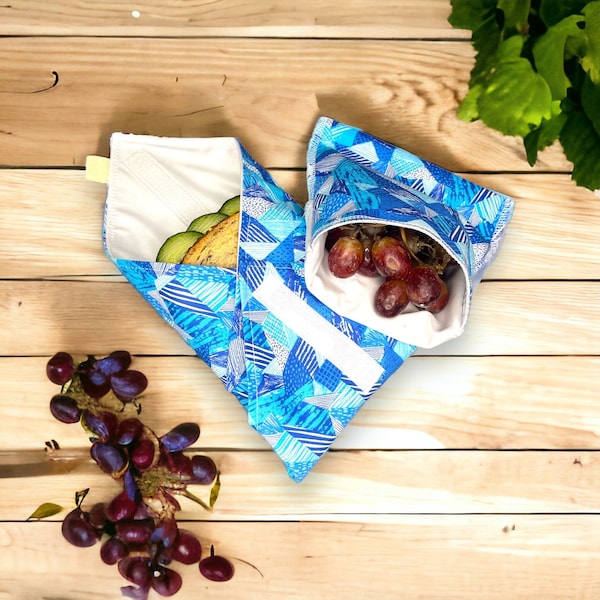 reusable sandwich wrap and snack bag, travel bag for snacks, eco friendly lunch bag set, blue waterproof snack bag and sandwich wrap