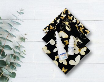 black handkerchiefs for women in pretty butterfly print, zero waste reusable tissues, 100% cotton 2nd anniversary gift set for her