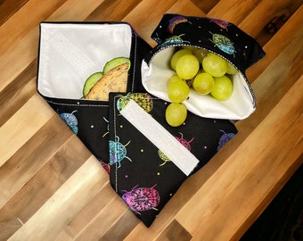 black sandwich wrap and waterproof snack pouch, eco friendly ladies lunch set, sustainable gift set for mum, reusable snack bag for fruit