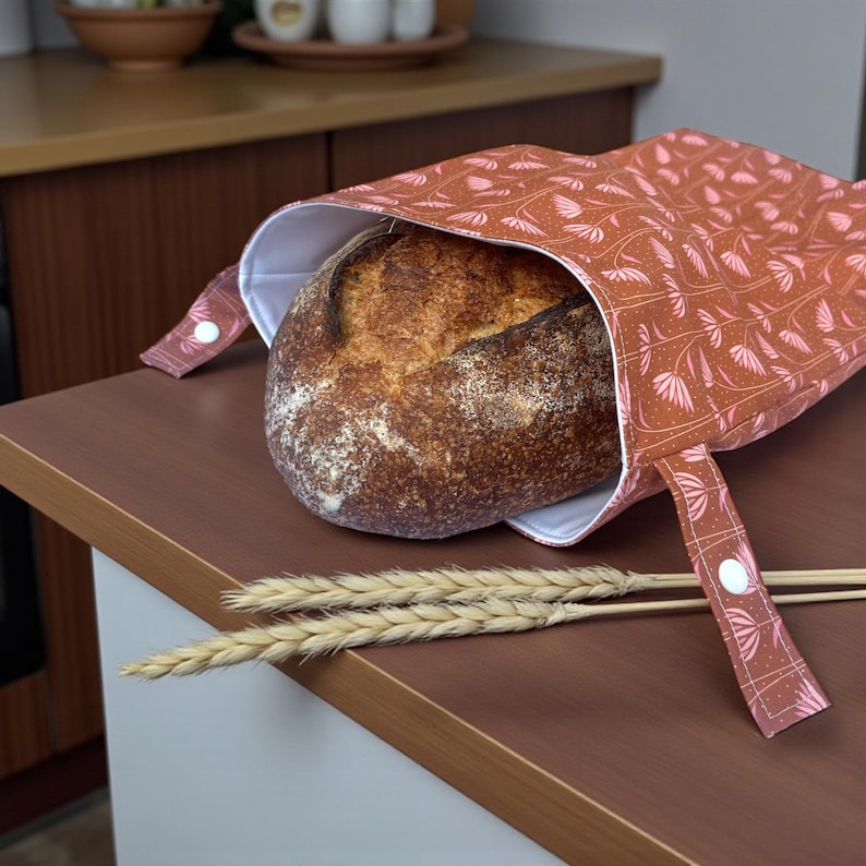 Reusable Bread Bag, sourdough bread bag, homemade bread storage bag, eco living adjustable bag for bread, pretty floral roll top bread bag image 10
