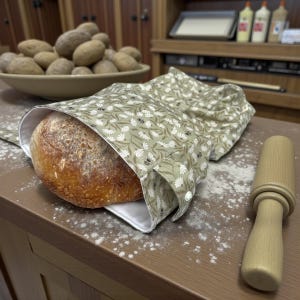 May include: A sage green fabric bread bag featuring a repeating pattern of white flowers and small bees, containing a round loaf of crusty sourdough bread. The bag has a white interior lining and a small white snap button closure on the side.