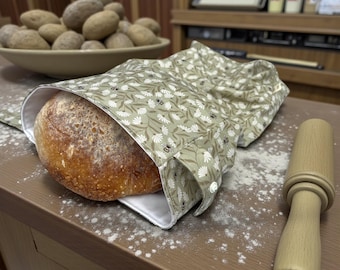 Reusable Bread Bag, Eco-Friendly Bread Storage for Homemade & Artisan Loaves, Roll-Top Cotton Food Safe Lined Bag, kitchen housewarming gift