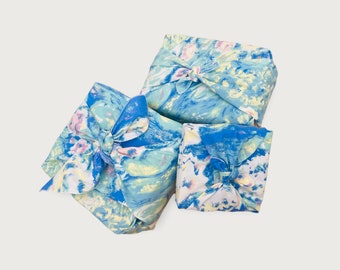 Reusable fabric gift wrap in blue flower print, eco friendly upcycled wrapping for gifts, furoshiki wrapping for ladies