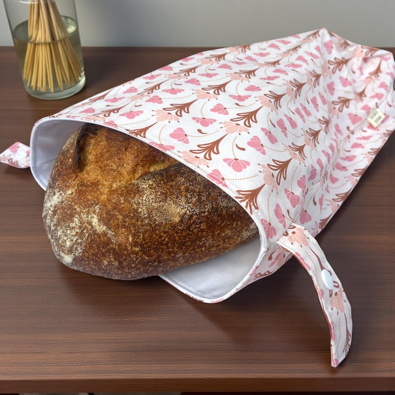 Reusable Bread Bag, sourdough bread bag, homemade bread storage bag, eco living adjustable bag for bread, pretty floral roll top bread bag image 9
