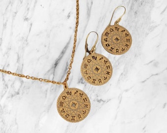 Zodiac Jewelry Set, Gold Zodiac Pendant Necklace, Gold Zodiac Dangle Earrings