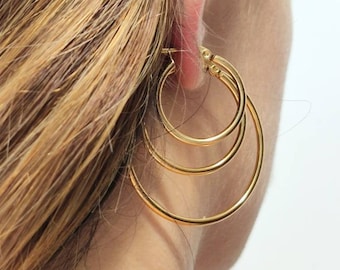 Gold Hoop Earrings Set, Classic Simple Hoops, Small Medium Large Hoops