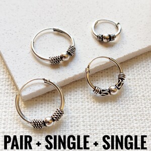 Combinación de 3 Aros Bali, Set de Aros Pequeños de Plata PAIR+SINGLE+SINGLE