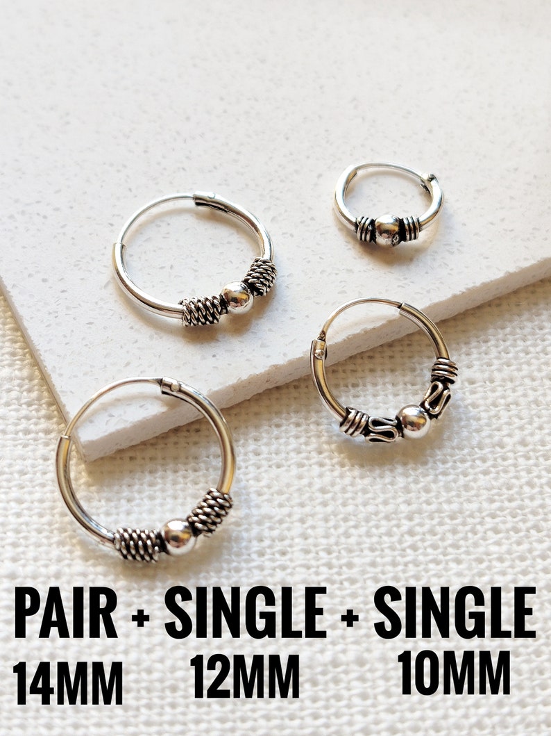 Combinación de 3 Aros Bali, Set de Aros Pequeños de Plata PAIR+SINGLE+SINGLE