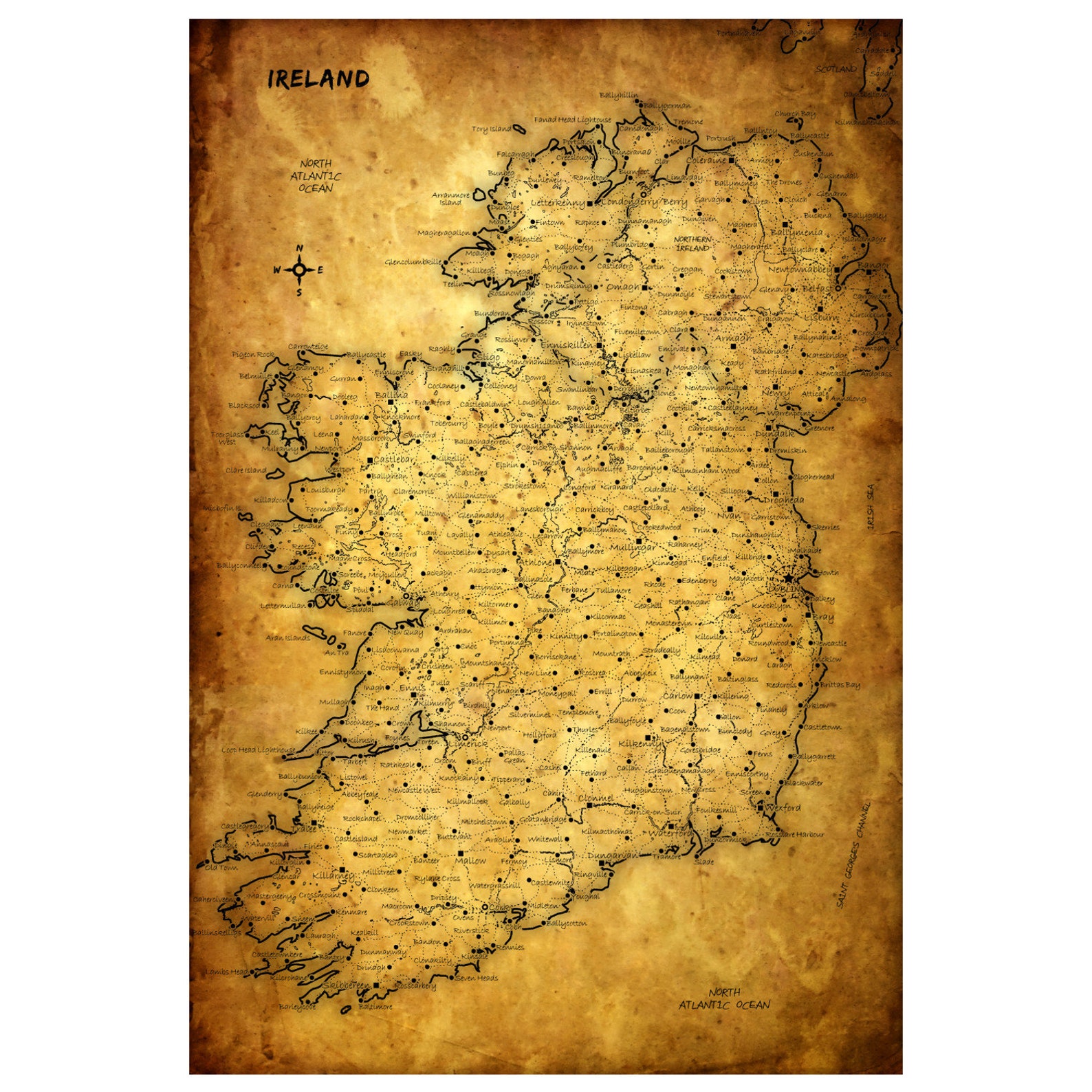 IRELAND Map Print With Labels Paper or Canvas Mounted or Etsy