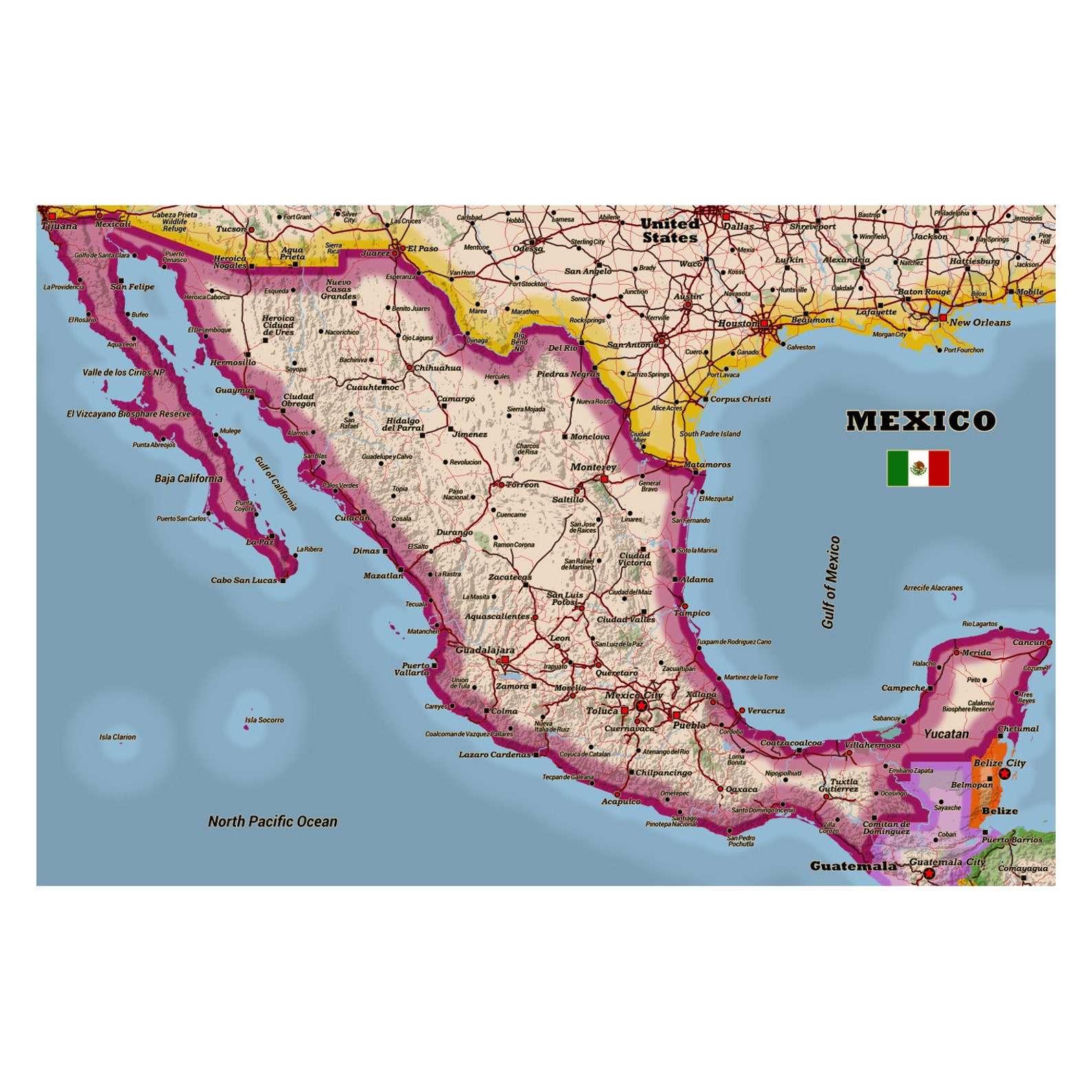 MEXICO Map Print With Labels Paper or Canvas Mounted or - Etsy
