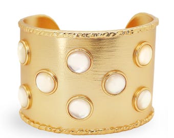 Cabochon Inlay Cuff Bracelet - 24K Gold Plated Designer Jewelry