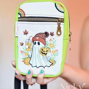 Cozy Coffee Ghost Fall Embroidered Cross Body Bag with sliding strap Handmade