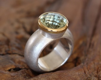 Prasioliet ring, gouden en zilveren ring, groene amethist, solitaire ring, zilveren ring