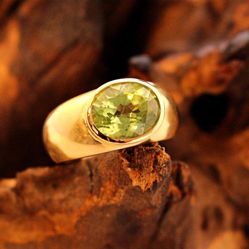 Seitenansicht des Goldrings, die die kraftvolle und massive Schiene aus 750er Gelbgold zeigt. Die Gestaltung ist minimalistisch und unterstreicht die Wertigkeit der Goldschmiedearbeit.