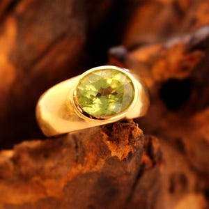 Seitenansicht des Goldrings, die die kraftvolle und massive Schiene aus 750er Gelbgold zeigt. Die Gestaltung ist minimalistisch und unterstreicht die Wertigkeit der Goldschmiedearbeit.
