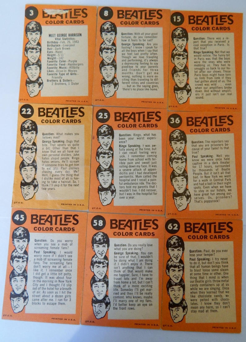 1964 Beatles Color Cards Trading Cards 9 Cartes The Etsy