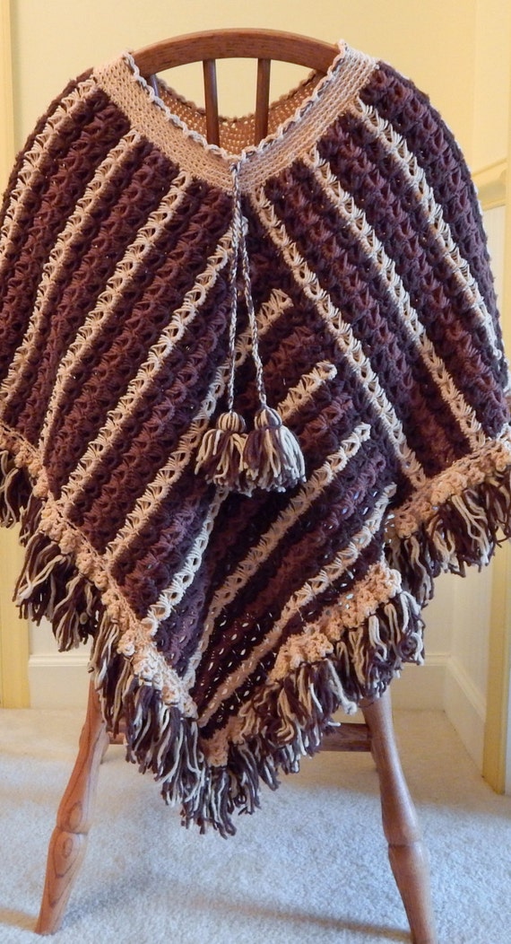 Vintage Hand Crocheted Poncho, Brown Poncho, Fall 