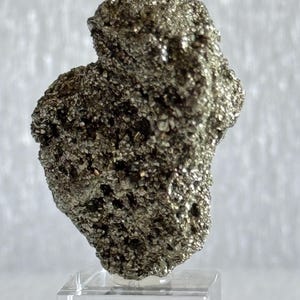 May include: A rough, metallic pyrite specimen, also known as fool's gold, with a sparkling, textured surface. The mineral is displayed on a clear acrylic stand, showcasing its natural, irregular shape.