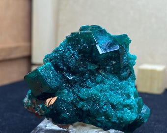 Cristal de dioptasa drusa verde coleccionable de Namibia. Ejemplar de dioptasa de museo. Mina Tsumeb, Otjikoto, Namibia. 2008. 50 g.