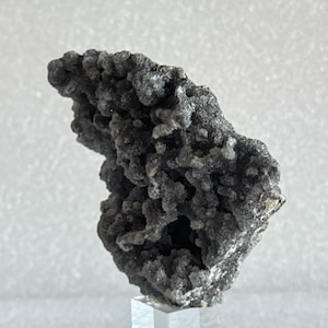 May include: A black and grey crystal cluster on a clear acrylic stand. The crystal has a rough, textured surface and is a natural specimen.