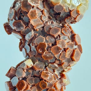 Puede incluir: Un grupo de cristales de calcita marrón y blanco con forma hexagonal. Los cristales están dispuestos en un grupo que se asemeja a una flor.