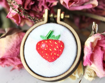 Tiny Embroidery Hoop Necklace | Embroidered Strawberry | Embroidered Jewelry | Miniature Embroidery | Necklace  Charm | Tiny Embroidery