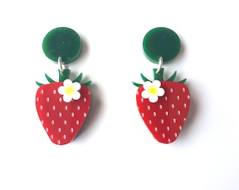 Strawberry earrings with white inked flowers - laser cut acrylic earrings