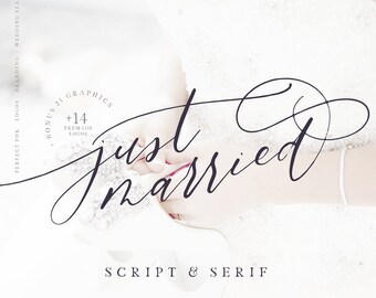 Just Married Font Collection + Premade Logos + Graphics / Calligraphy / Modern Calligraphy / Digital Font / Wedding Font / Invitation Font