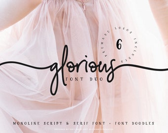 Glorious Font Duo + Doodles Font + 6 Premade Logos / Calligraphy Font / Modern Calligraphy / Digital Font / Wedding Font